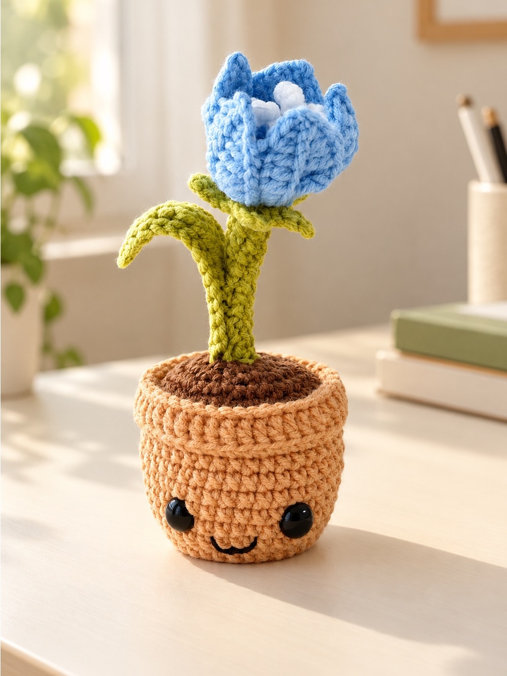 Handmade Crochet Blue Bellflower in Pot Office Desk Decor & Gift